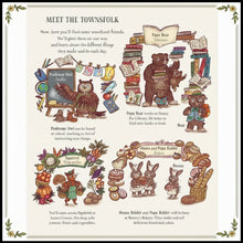 A whimsical illustrated poster titled 'Meet the Townfolk' showing multiple cartoon animal characters and objects arranged in small panels with accompanying text on a cream background.