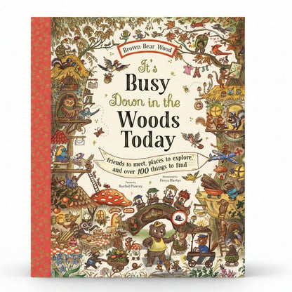 Book cover of 'It's Busy Down in the Woods Today' with colorful illustrations and text.