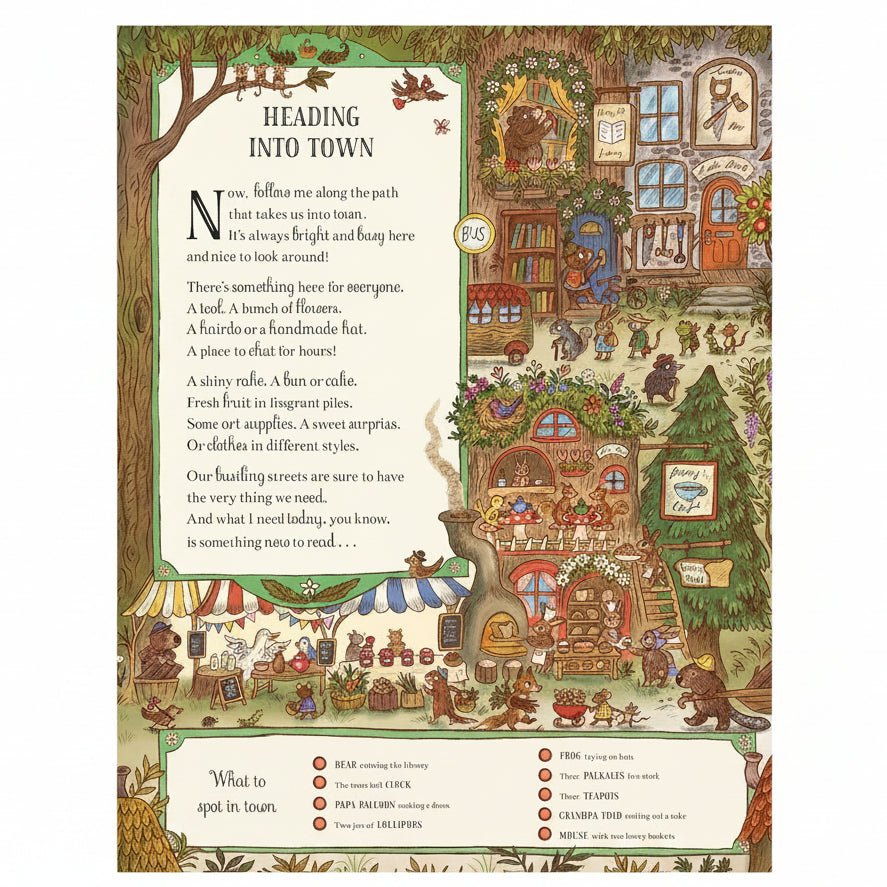 A highly detailed, whimsical illustrated map poster titled 'Heading Into Town' featuring a dense village scene with houses, trees, people, and informational text boxes at the bottom.