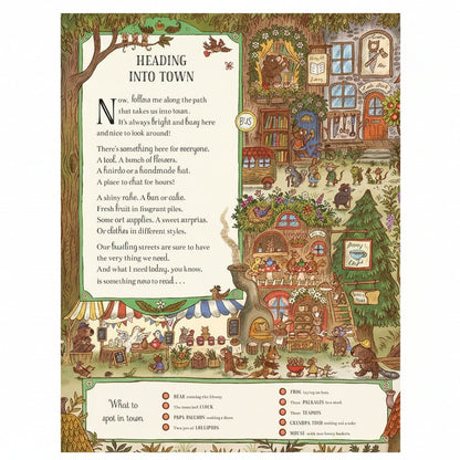 A highly detailed, whimsical illustrated map poster titled 'Heading Into Town' featuring a dense village scene with houses, trees, people, and informational text boxes at the bottom.