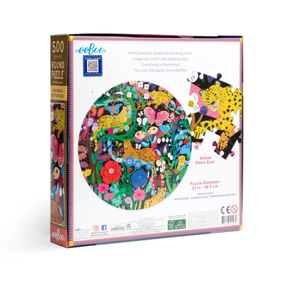 Round puzzle packaging with colorful illustrations of animals and nature on a white background