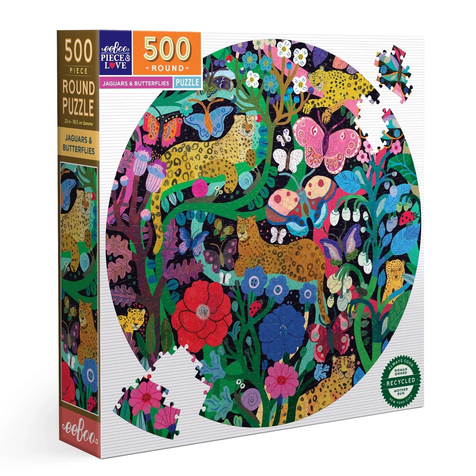 Round puzzle packaging with colorful jaguars and butterflies design on a white background