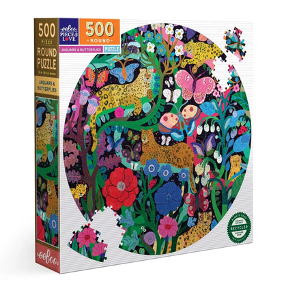 Round puzzle packaging with colorful jaguars and butterflies design on a white background
