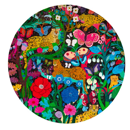 Colorful circular puzzle with animals, flowers, and bugs in a garden setting.