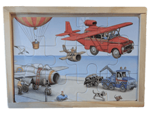Children's puzzle illustrated by jan loof, with vehicles and a wooden frame