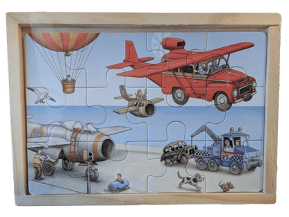 Children's puzzle illustrated by jan loof, with vehicles and a wooden frame