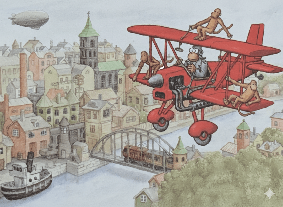 Cartoon scene with a red biplane flying over a town by Jan Loof
