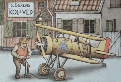 Vintage-style illustration by Jan Loof of a man with a biplane in a small town setting.