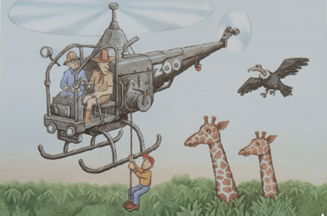 Jan Loof Cartoon illustration of a helicopter with people and giraffes in a scenic setting
