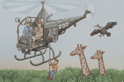 Jan Loof Cartoon illustration of a helicopter with people and giraffes in a scenic setting