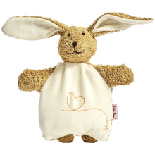 A plush bunny comforter toy with long tan ears, a textured tan body, and an off-white belly patch embroidered with a heart and line design.