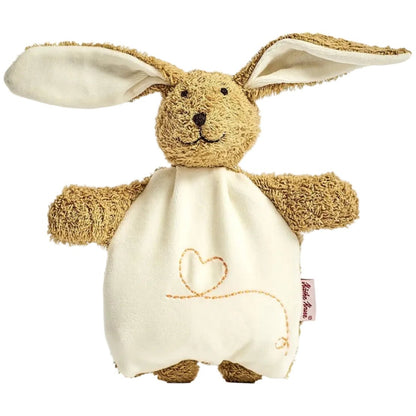 A plush bunny comforter toy with long tan ears, a textured tan body, and an off-white belly patch embroidered with a heart and line design.