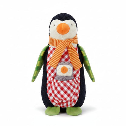 Plush toy penquin with striped scarf and gingham front, with baby penguin in pouch on a white background