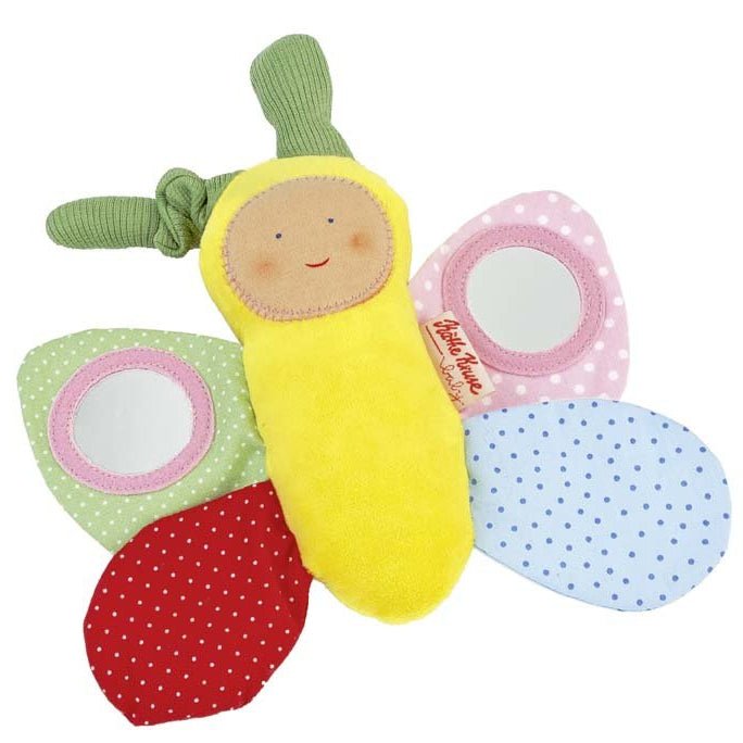 A soft butterfly-shaped baby toy with a yellow body, green antennae, and four colorful wings in red, light green, pink, and blue, each with a small circular mirror. The face is embroidered on the yellow center.