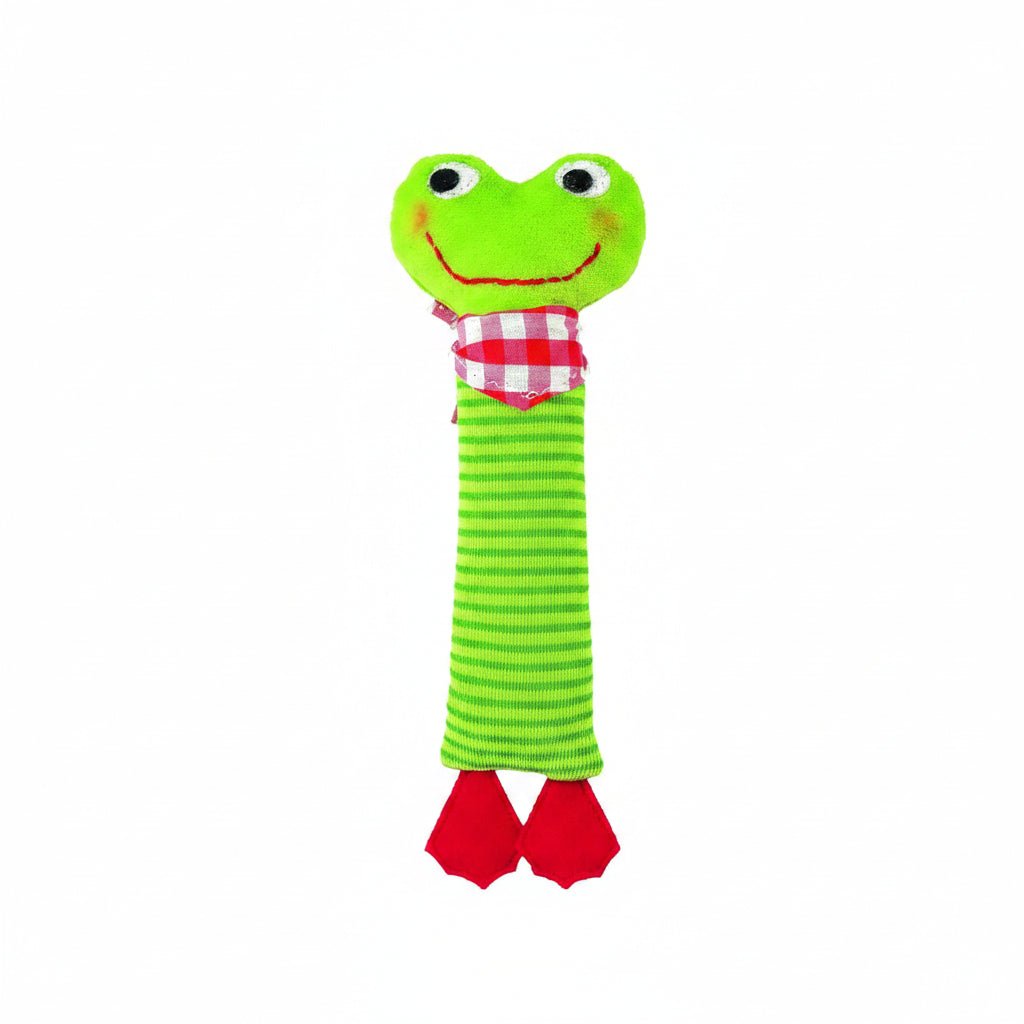 Green frog plush toy with a red bandana and red feet on a white background