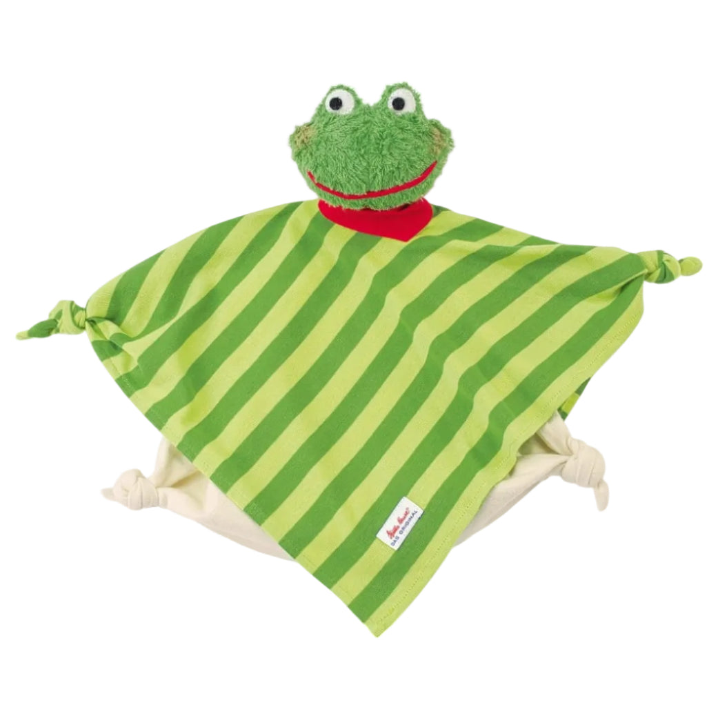 A baby security blanket featuring a plush green frog head with a red collar, attached to a green and yellow striped fabric body with cream-colored knotted ends, shown on a white background.