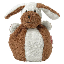 A plush stuffed dog-shaped ball toy with a soft brown and white color-blocked design, featuring floppy ears, a stitched smiling face, and a small red fabric tag on the side.