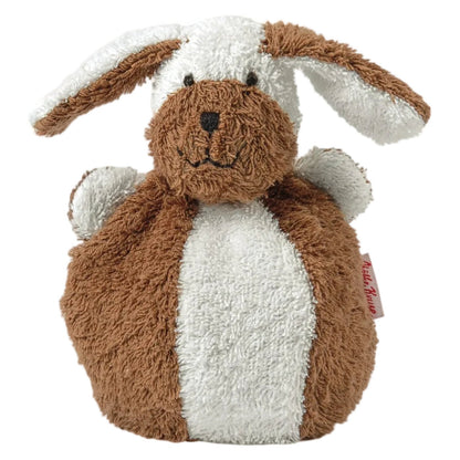 A plush stuffed dog-shaped ball toy with a soft brown and white color-blocked design, featuring floppy ears, a stitched smiling face, and a small red fabric tag on the side.