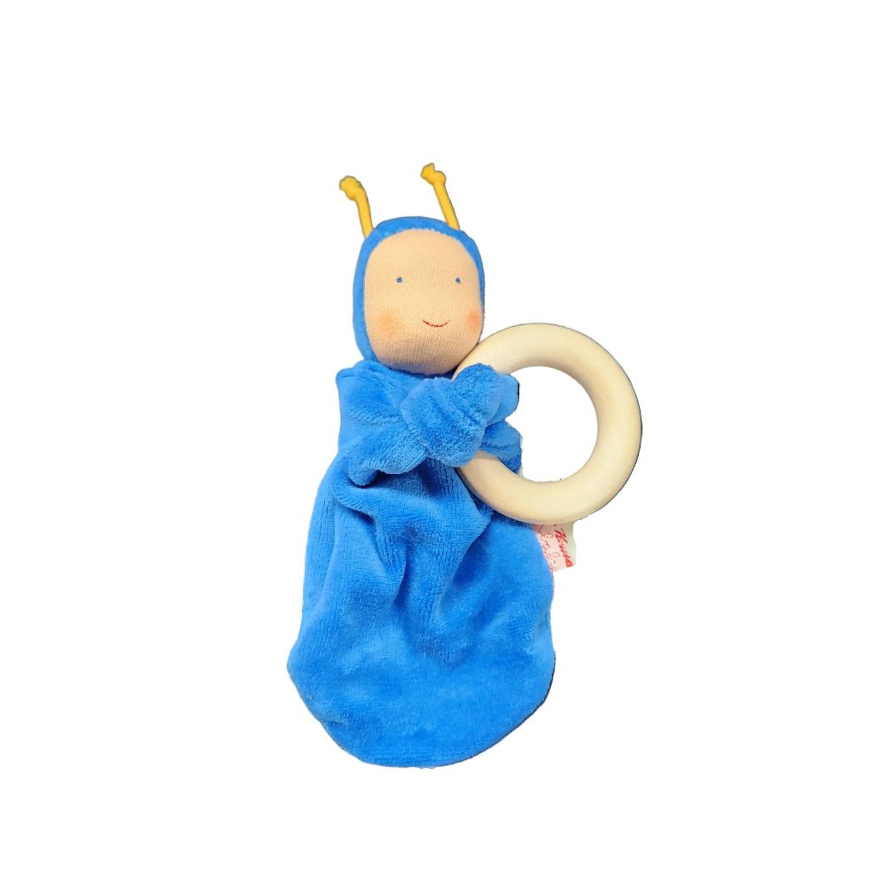 A blue plush baby lovey security blanket with a wooden ring teether and yellow antennae on a white background