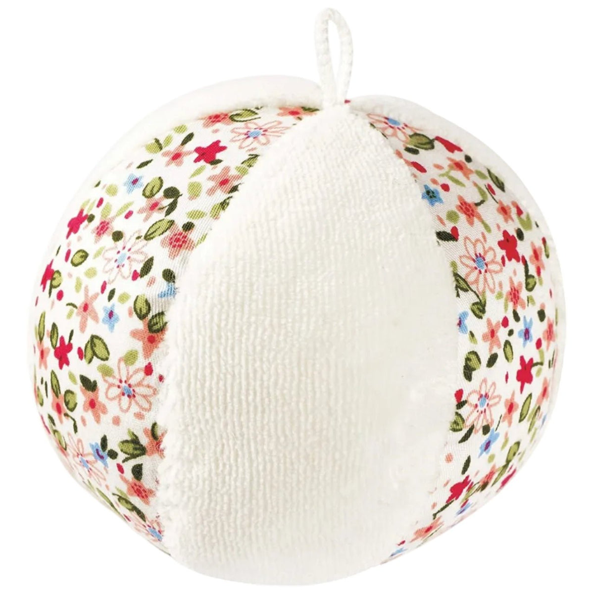 A spherical white plush rattle ball toy with a colorful floral pattern around the outer surface and a small white hanging loop at the top, shown on a plain white background.