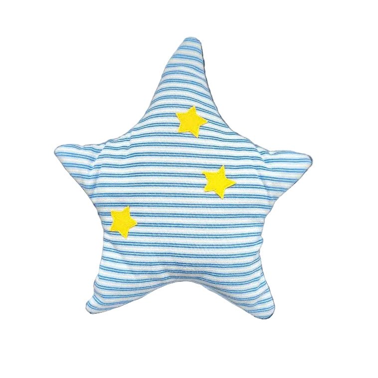 A star-shaped plush pillow with light blue and white stripes and three yellow stars on a white background