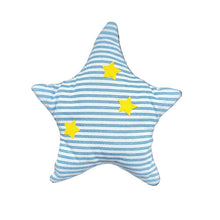 A star-shaped plush pillow with light blue and white stripes and three yellow stars on a white background