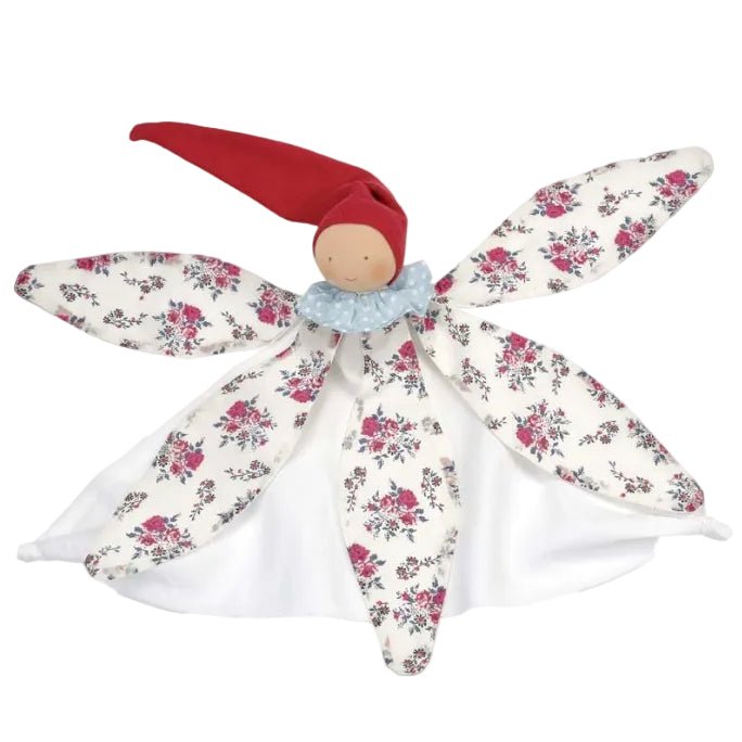 A fabric angel security doll with a red pointed hat, a light blue ruffled collar, and patterned wings featuring red and pink flowers on a cream background, set against a plain white backdrop.