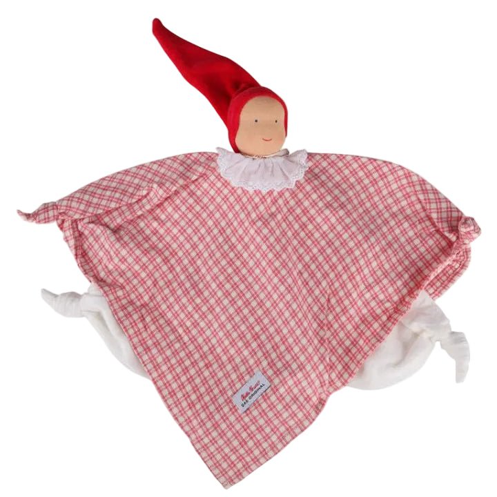 A baby security blanket featuring a red and white gingham pattern, a red pointed hat with a beige face, and white plush legs, shown on a plain white background.
