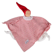 A baby security blanket featuring a red and white gingham pattern, a red pointed hat with a beige face, and white plush legs, shown on a plain white background.