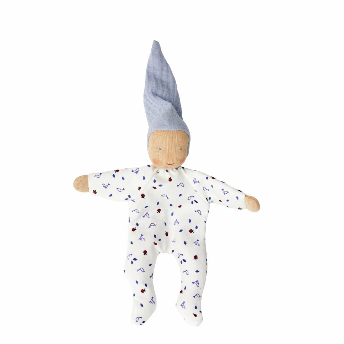 Organic cotton doll with a blue sleeping cap and white pajamas with birds and ladybugs on a white background