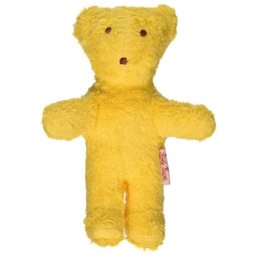 A yellow plush teddy bear toy with painted brown eyes and nose, shown against a plain white background. A small red-and-white tag is visible on the right side.