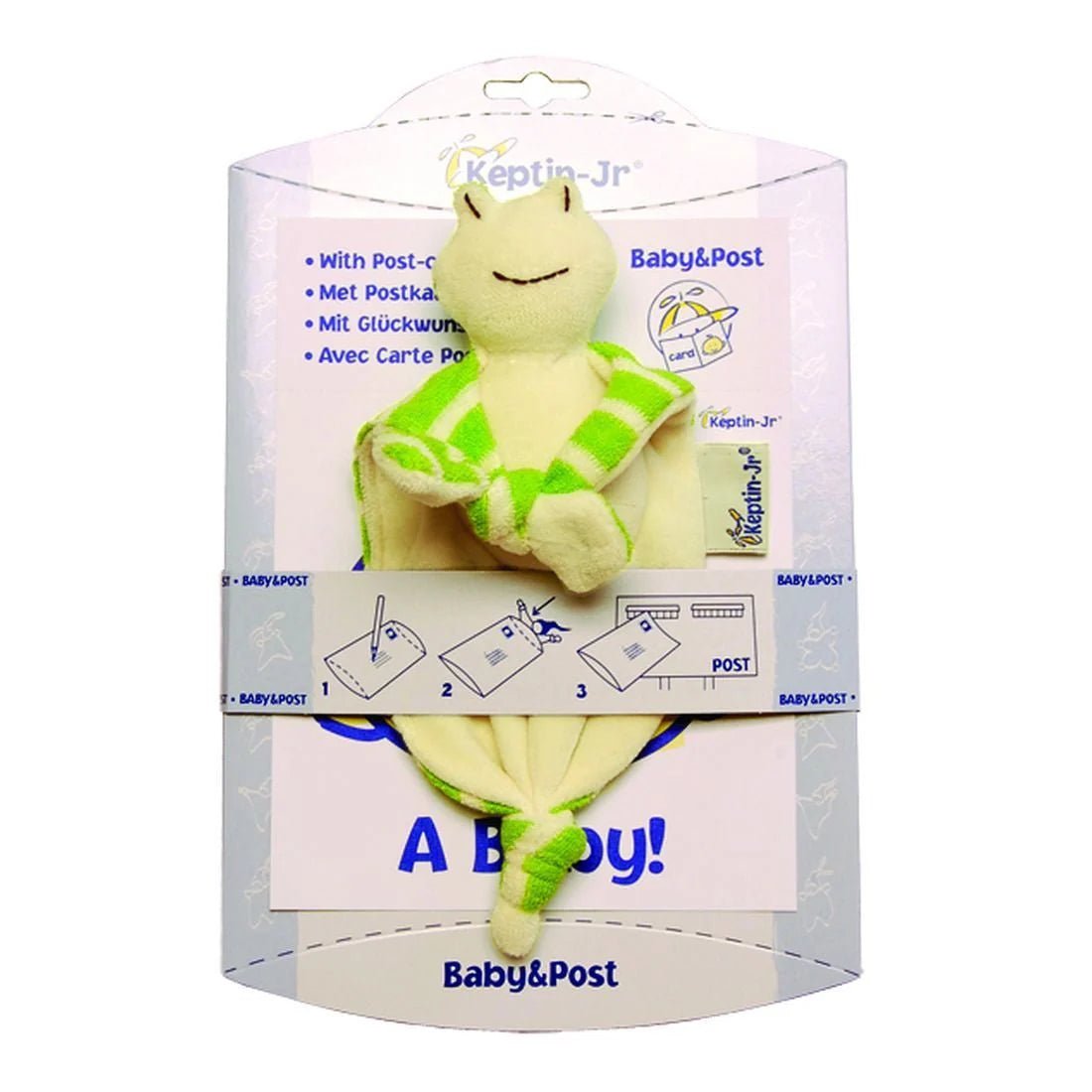 Keptin Jr. packaging with green frog rattle squeaky toy