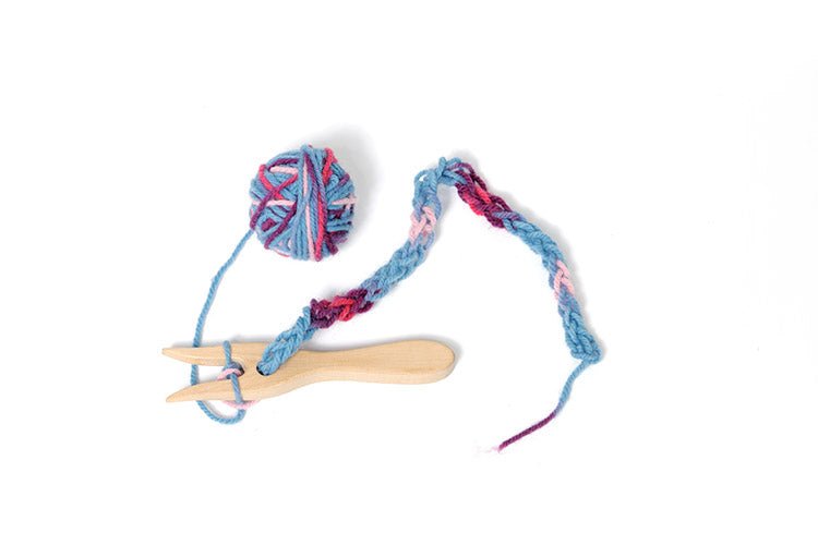 Knitting Fork & Organic Yarn, Assorted Shades of Blue Green Yellow - wood, cotton, wool, felt, beeswax for open-ended play...