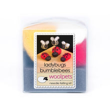 Frosted plastic container with picture of felted ladybugs and bees on a white background