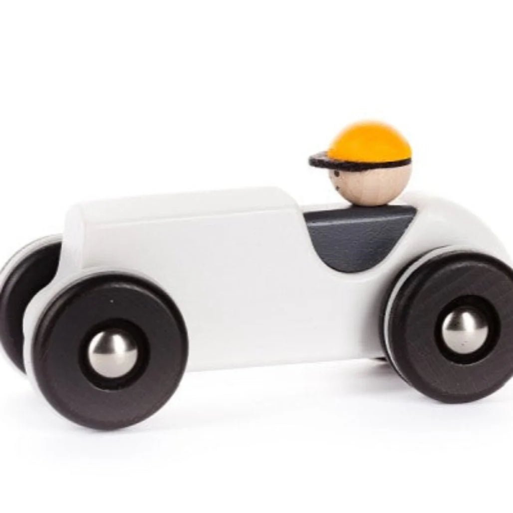 Left Right Turning Retro Race Car by Bajo, White - wood, rubber Vehicles for open-ended play - Title: Default Title