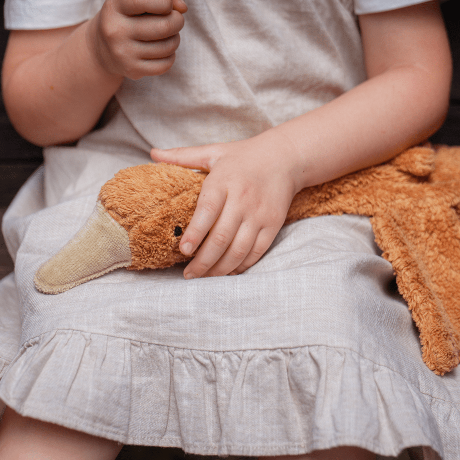 Child holding a rust-colored stuffed goose in a softly lit setting
