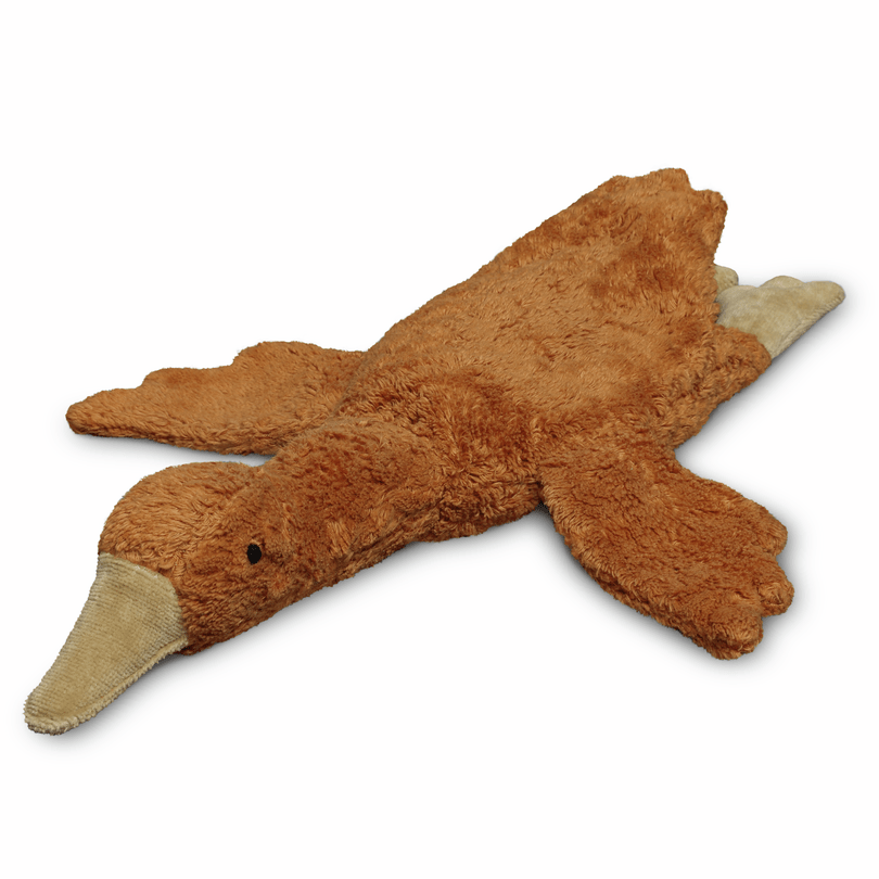 Rust-colored stuffed goose on a white background