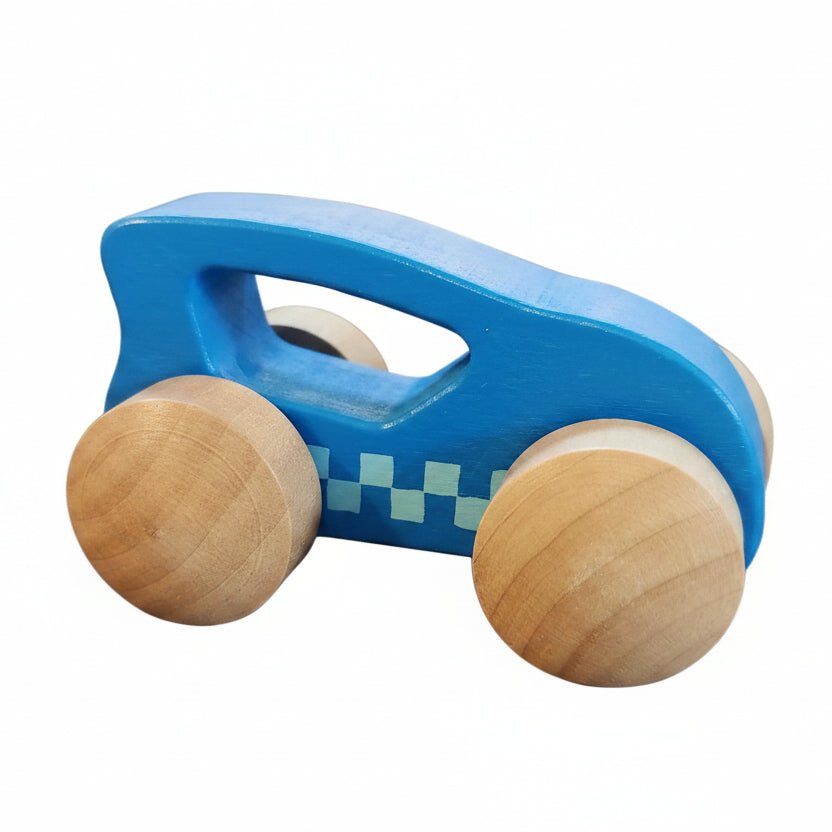 Blue wooden push car on a white background