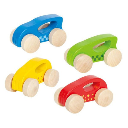 Set of colorful wooden toy cars with wheels on a white background