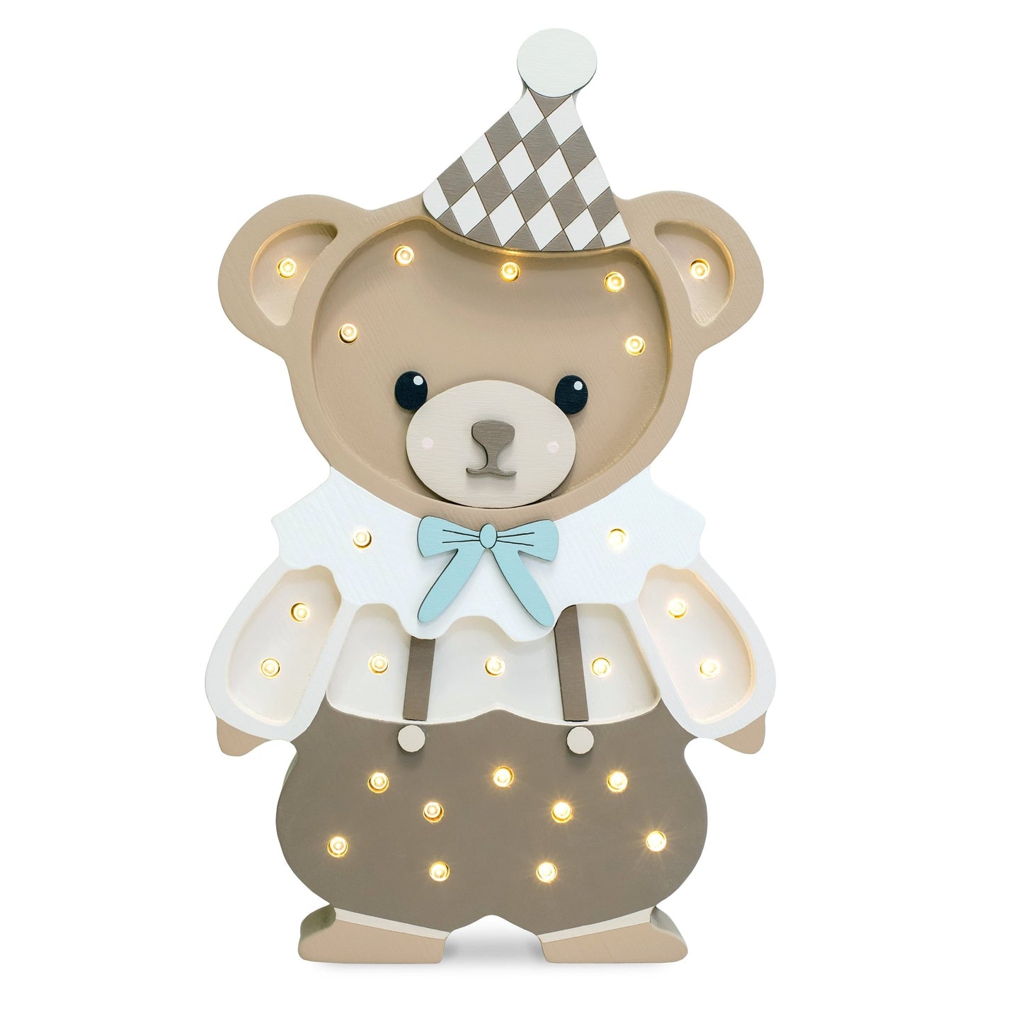Decorative bear lamp wearing a party hat a blue bow tie on a white background