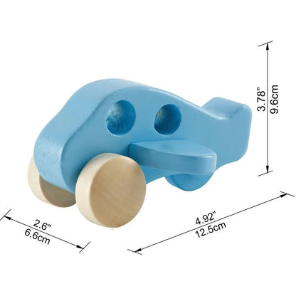 Blue wooden toy plane with dimensions on a white background