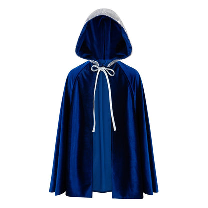 Little Snow Queen Riding Hood magic cape in deep blue velvet with silver sequined hood and silver ribbon tie