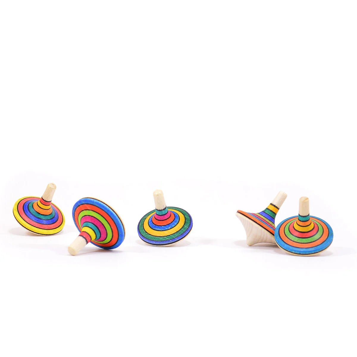 Colorful wooden spinning tops on a white background Mader Rallye striped small