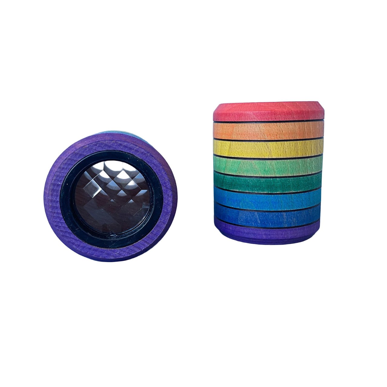 Pair of colorful wooden kaleidoscope with rainbow pattern on a white background