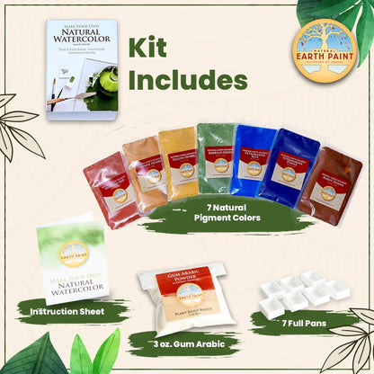 Earth Paint natural pigment kit with packaging, colors, and instructions on a beige background.