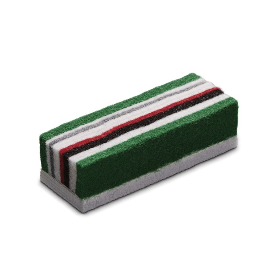 Chalkboard eraser with green, white, black, red, and grey felt on a white background
