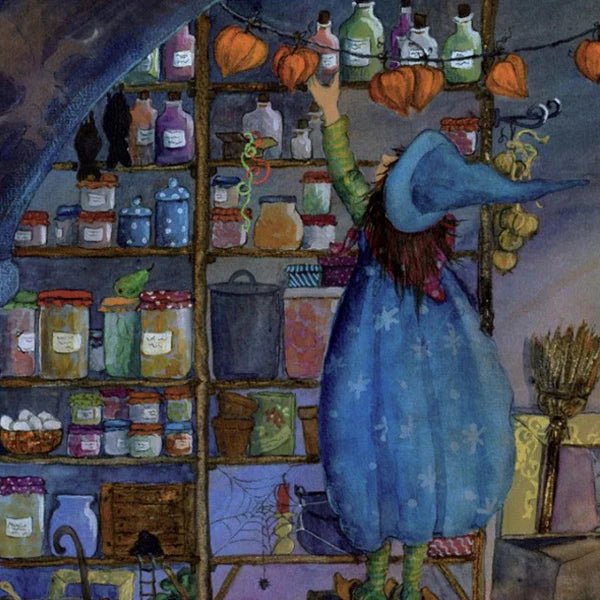Young witch in a hat and cape reaching for something on the tallest shelf