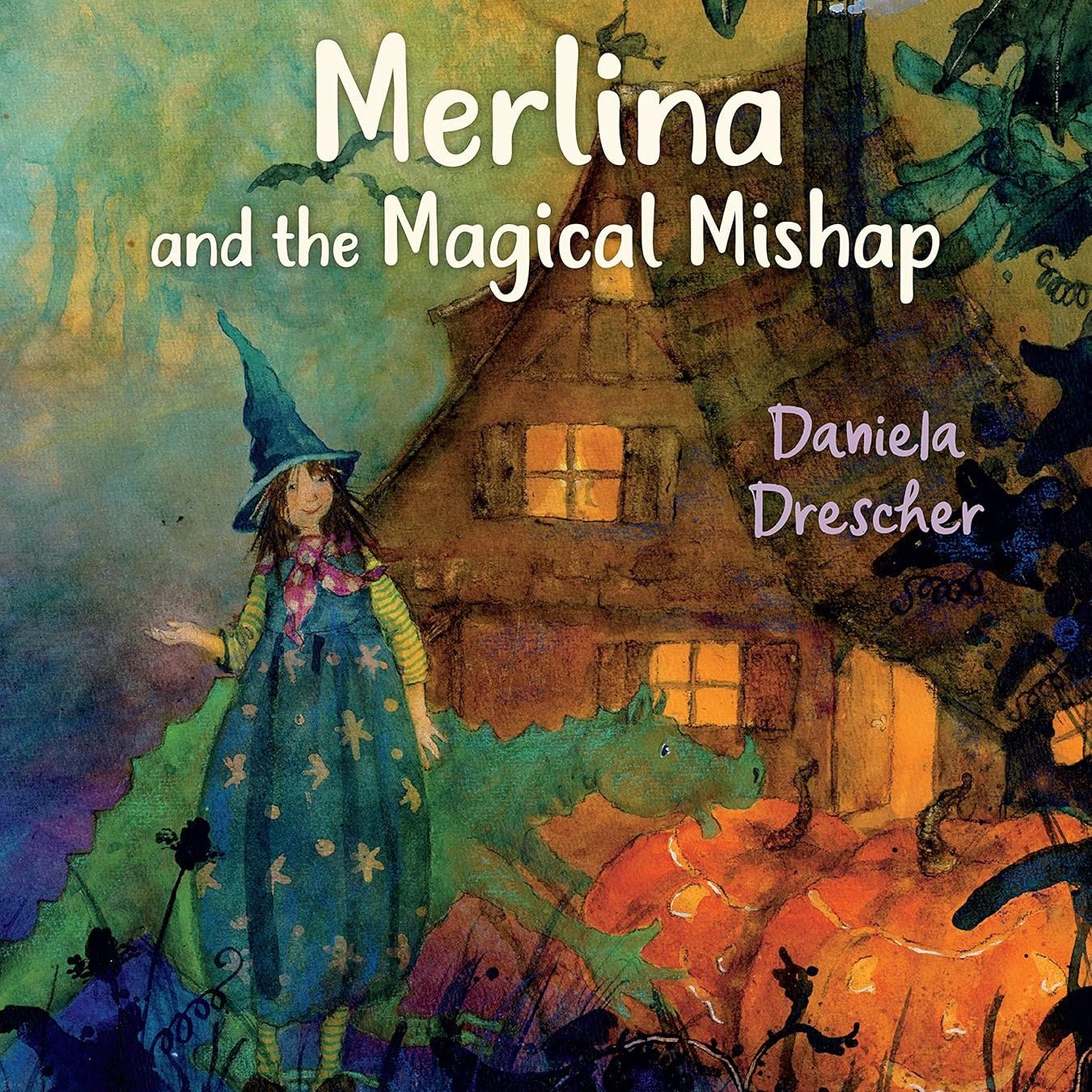 Book cover of 'Merlina and the Magical Mishap' with a witch character and house illustration.