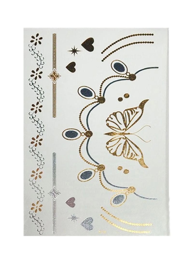 Sheet of temporary tattoos with butterflies, hearts, and flowers on a white background
