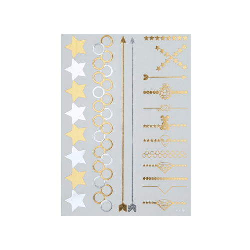 Sheet of temporary tattoos with stars, circles, and arrows on a white background